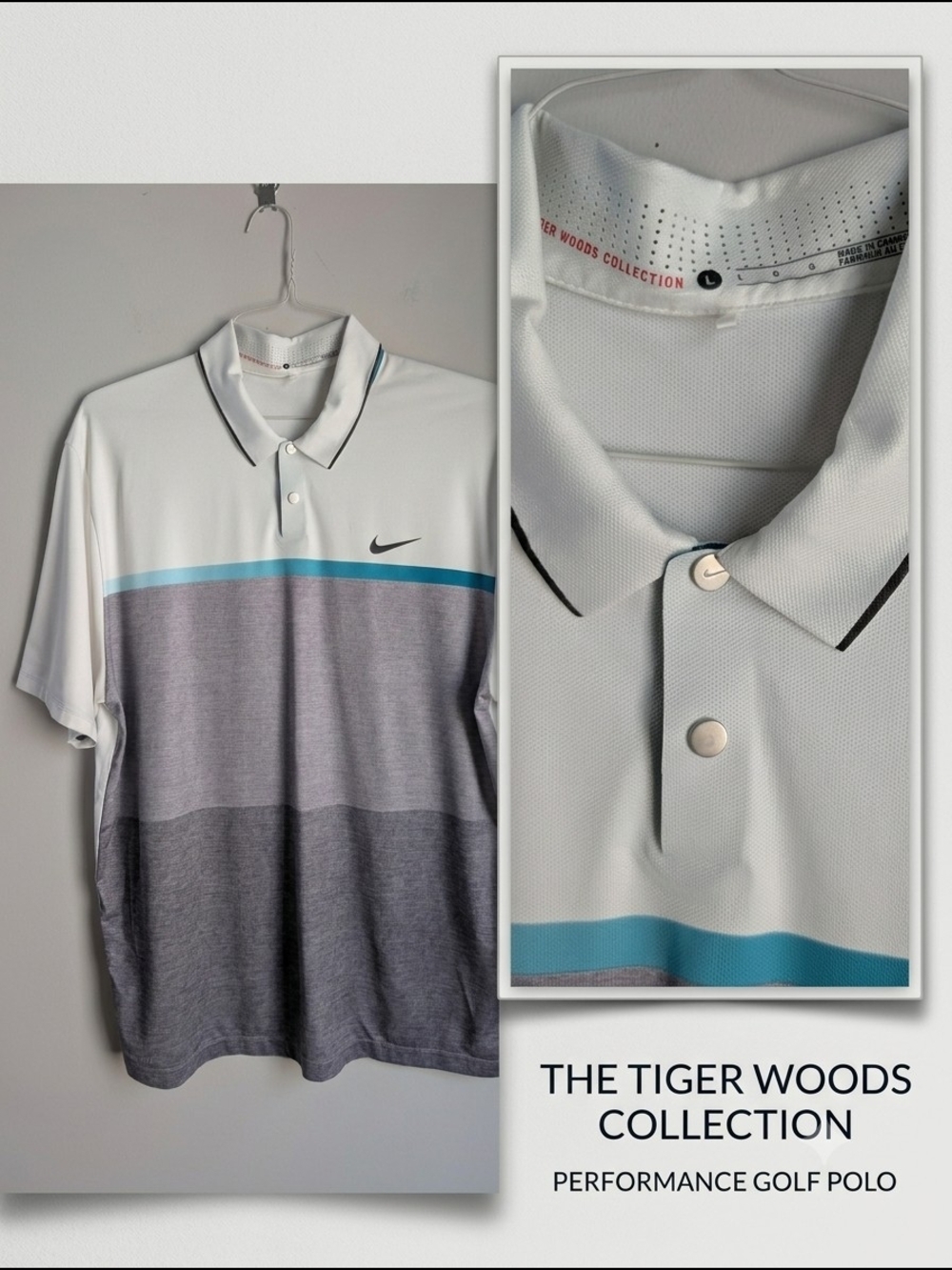 Nike Tiger Woods Collection Golf Polo Shirt Mens Large White Gray Colorblock
